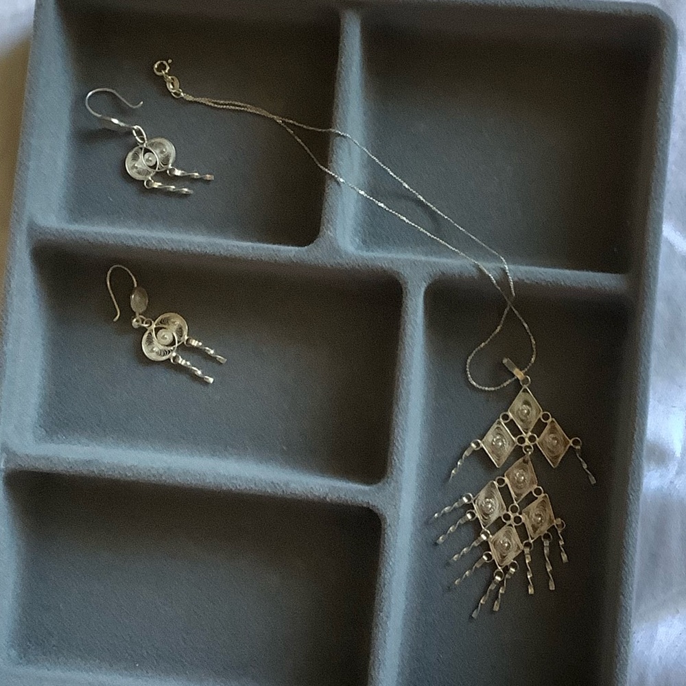 Handmade from Portugal necklace and earrings set. Sterling silver.